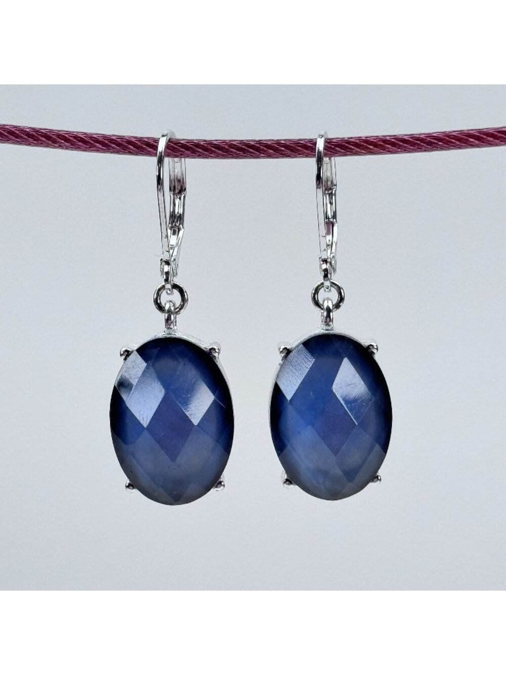 Napier Oval Faceted Blue Gem Leverback Drop Earrings 1.5" Silver-Tone Setting